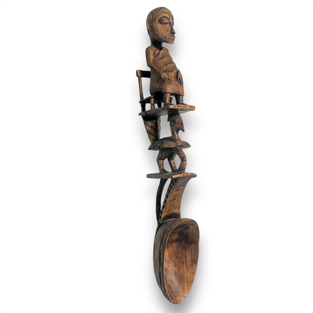 African Tribal Totem Art Carved Wood Ladle Spoon Ceremonial Seated Figure Scoop